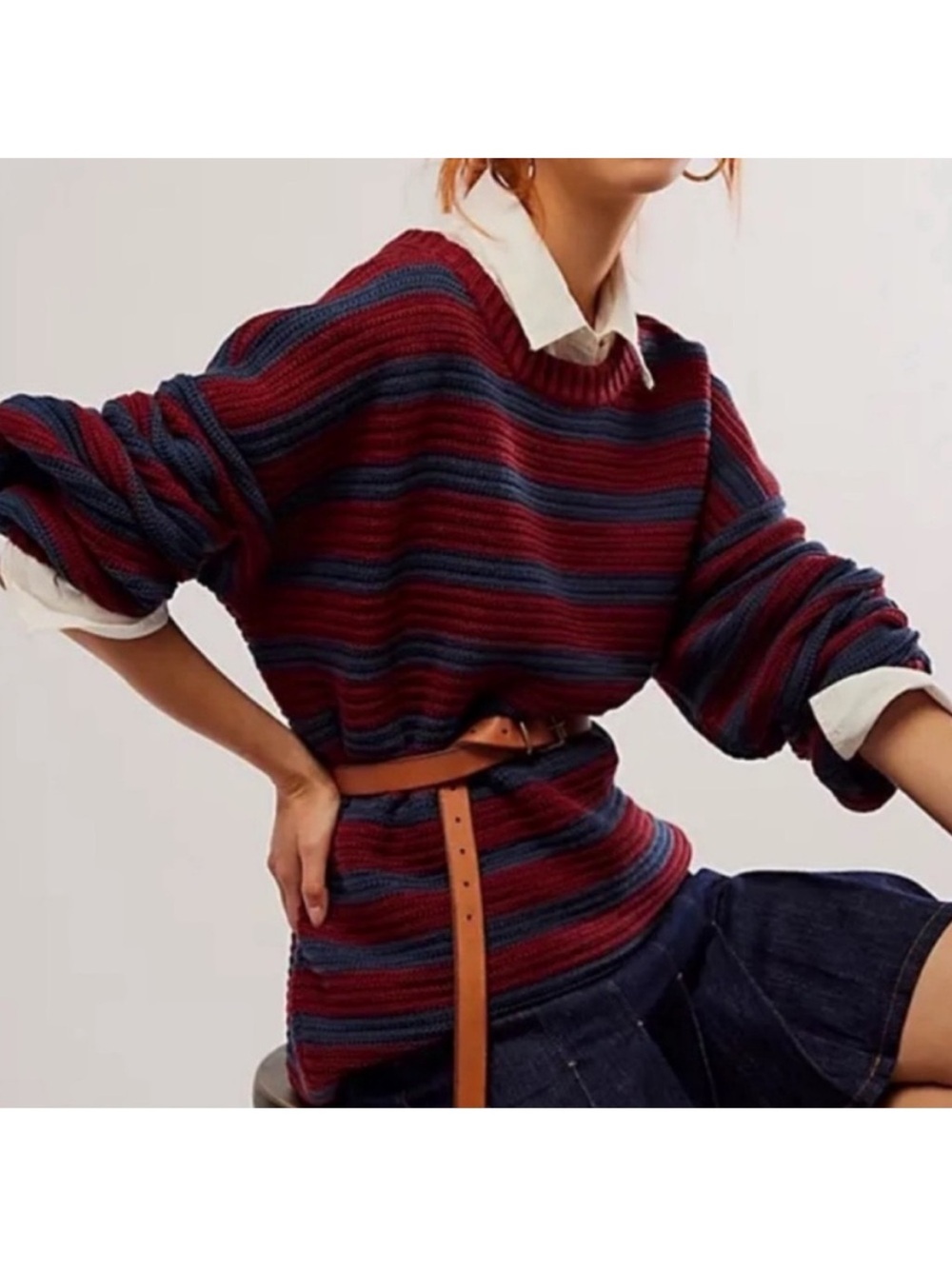 Free People Medium Sweater Links Pullover Navy Mulberry Combo Striped Crewneck